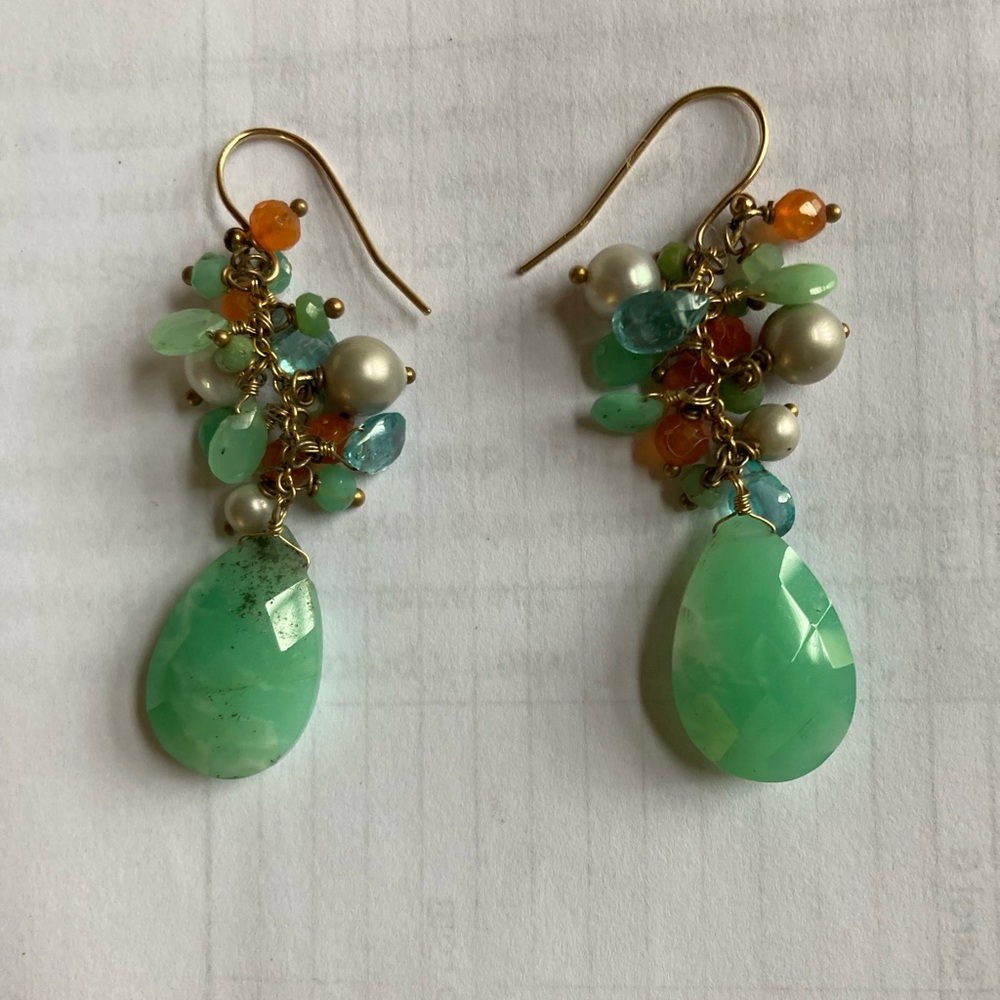 Green Aventurine/Variscite/Chalcedony w/ Carnelian and Pearl Cluster Earrings